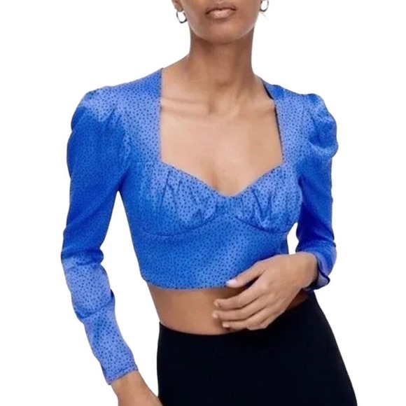 Zara Blue Black Polka Dot Long Sleeve Crop Top Women’s Size XL - Picture 1 of 14